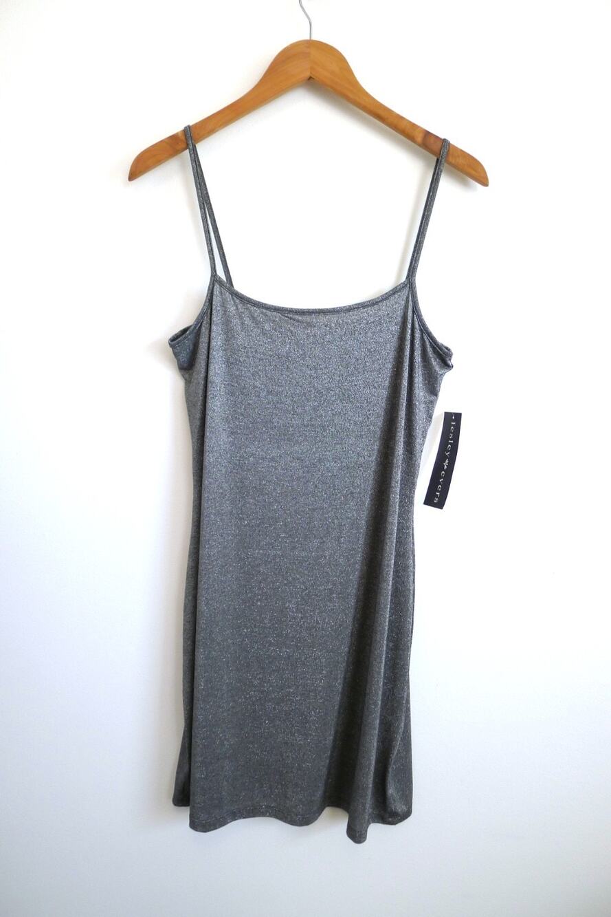 LESLEY EVERS Jo Sparkle Silver Metallic Slip Tank Lounge Dress Chemise L NWT